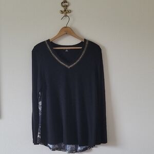 Soft Surroundings Black Embroidered Mixed Media Long Sleeve Tee Size Medium M